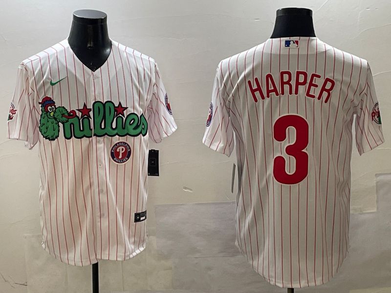 Men Philadelphia Phillies #3 Harper White Stripe Three generations Joint Name Game 2025 Nike MLB Jersey style 5